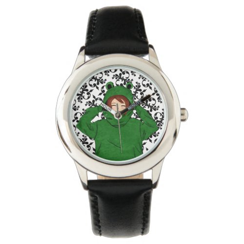 Cute Girl with Green Frog Hoody Drawing Watch