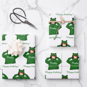Cute Girl with Green Frog Hoody Drawing Wrapping Paper Sheets