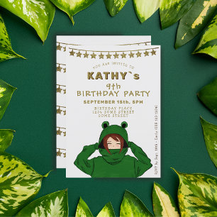 Cute Girl with Green Frog Hoody Stars Birthday Invitation
