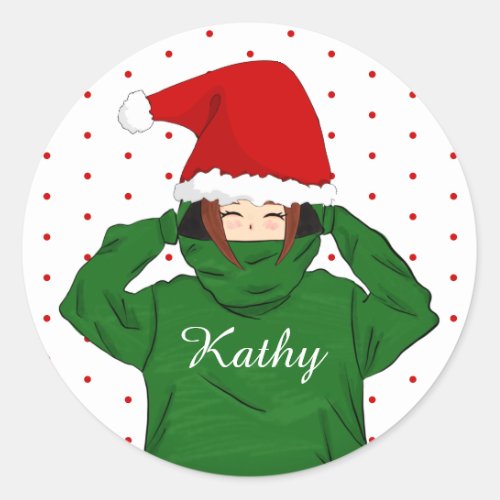 Cute Girl with Green Hoodie Santa Hat Christmas Classic Round Sticker