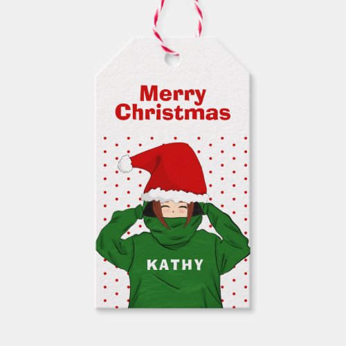 Cute Girl with Green Hoodie Santa Hat Christmas Gift Tags