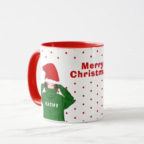 Cute Girl with Green Hoodie Santa Hat Christmas Mug