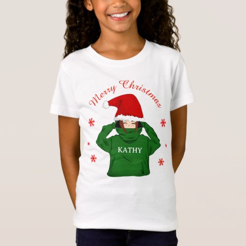 Cute Girl with Green Hoodie Santa Hat Christmas T_Shirt