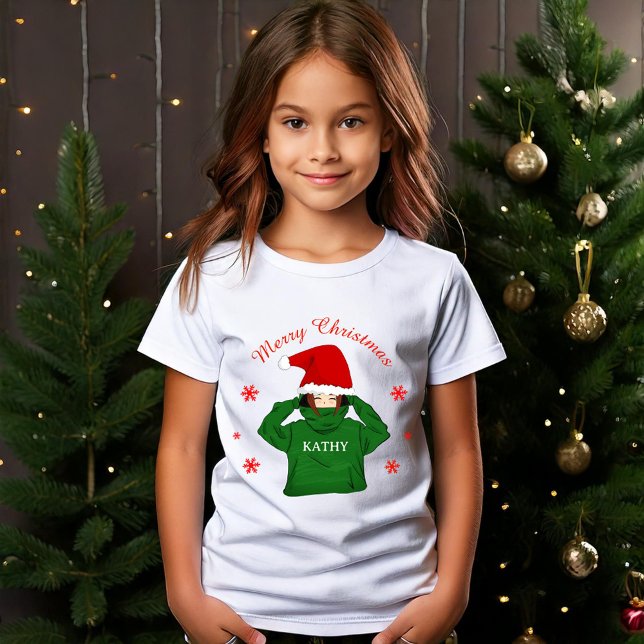 Cute Girl with Green Hoodie Santa Hat Christmas T-Shirt (Creator Uploaded)