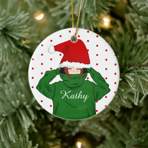 Cute Girl with Green Hoody Santa Hat Christmas Ceramic Ornament