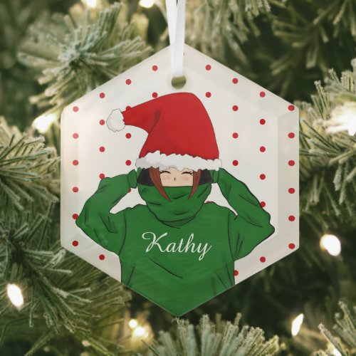 Cute Girl with Green Hoody Santa Hat Christmas Glass Ornament