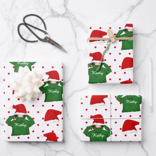 Cute Girl with Green Hoody Santa Hat Christmas Wrapping Paper Sheets