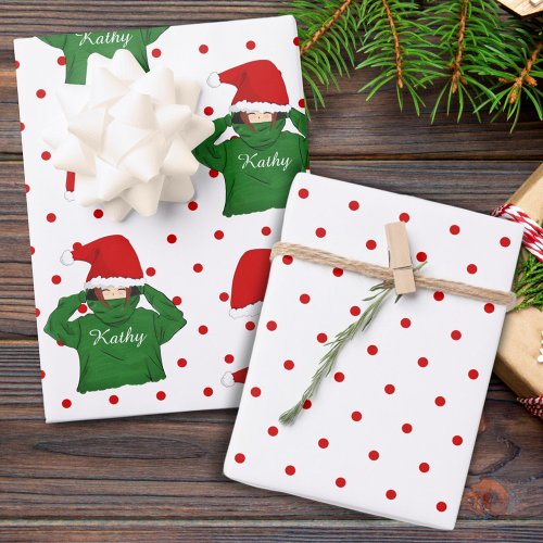 Cute Girl with Green Hoody Santa Hat Christmas Wrapping Paper Sheets