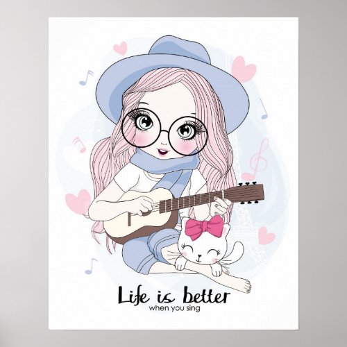Cute Girl With Guitar In Pink  Blue Singing Poster