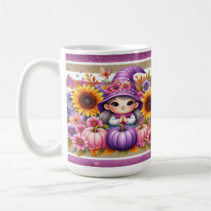 Cute Girl With Hat With Colorful Flowers, Pumpkins Coffee Mug