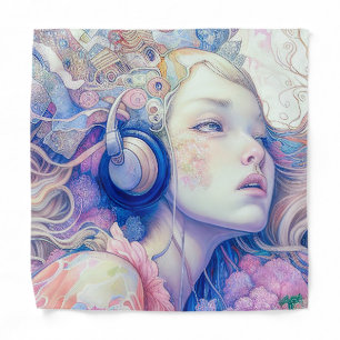 Cute Girl with Headphone Music Modern Artwork Bandana