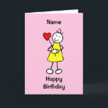 Cute Girl with Heart Cartoon Birthday Card<br><div class="desc">Cute cartoon of a little girl in a yellow dress smiling and holding a red love heart. Card has a pink background but it's easy to edit this to a different color or a nice minimal white. Easily personalize this card by editing the template text on the front and inside....</div>