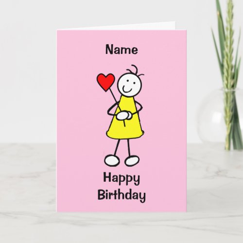 Cute Girl with Heart Cartoon Birthday Card