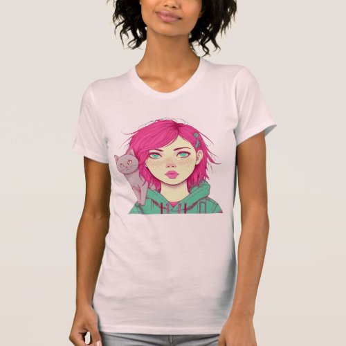 Cute girl with her cat T_Shirt