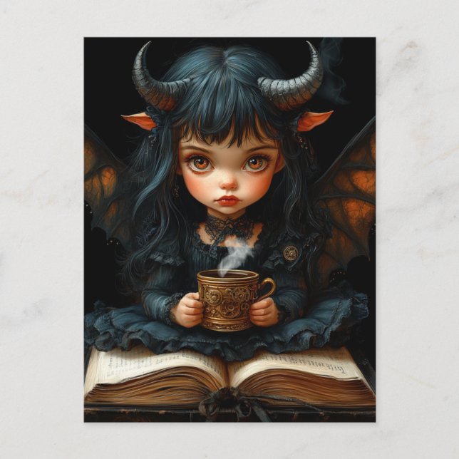 Cute Girl With Horns and Wings Reads With Coffee Postcard (Front)