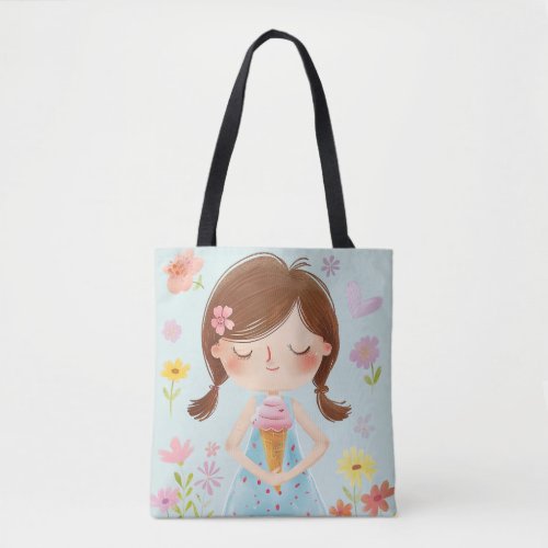 Cute Girl with Ice Cream Tote Bag Floral Design