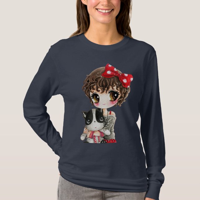 Cute girl with kawaii black cat T-Shirt (Front)