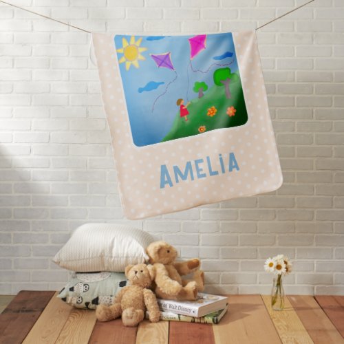Cute Girl with Kites Flowers Sun Drawing Baby Blanket