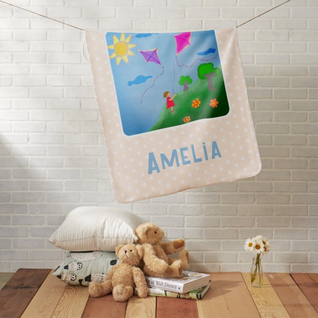 Cute Girl with Kites Flowers Sun Drawing Baby Blanket (In Situ)