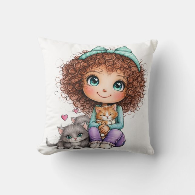 Cute Girl with Kittens Kawaii Cozy Art Throw Pillow (Front)