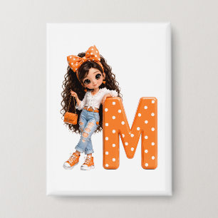 Cute Girl with Letter M Throw Blanket Button