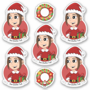 Cute girl with long brown hair Christmas cartoon S Sticker