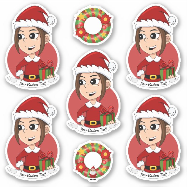 Cute girl with long brown hair Christmas cartoon S Sticker (Front)