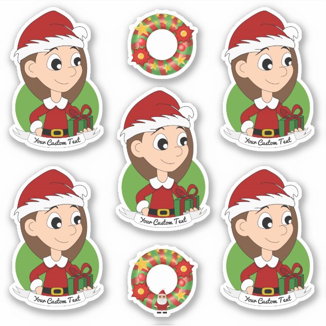 Cute girl with long brown hair holiday cartoon sti sticker (Front)