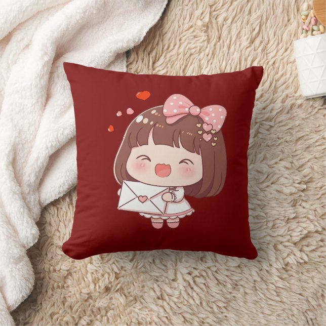 Cute Girl With Love Letter Throw Pillow (Blanket)