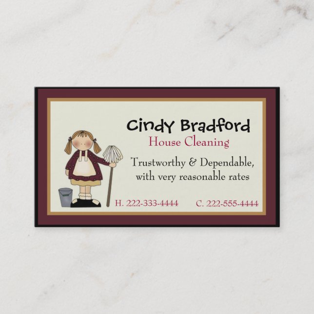 Cute Girl with Mop Maid Business Card (Front)