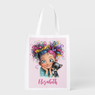 Cute Girl with Puppy Grocery Bag