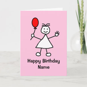 Cute Girl with Red Inflatable Balloon Pink Cartoon Card