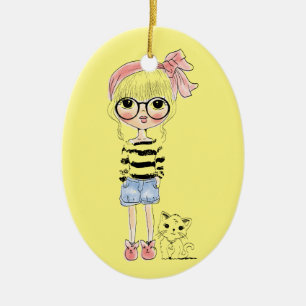 Cute Girl with Round Glasses and her Sweet Cat Ceramic Ornament