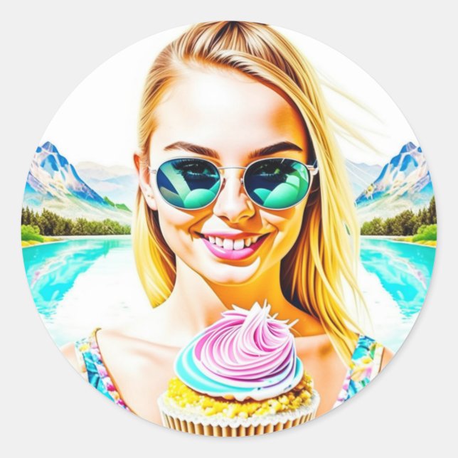 Cute Girl with Sunglasses Holding Cupcake Birthday Classic Round Sticker (Front)