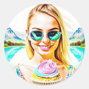 Cute Girl with Sunglasses Holding Cupcake Birthday Classic Round Sticker