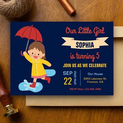 Cute Girl with Umbrella  Rainy Day Birthday Party Invitation