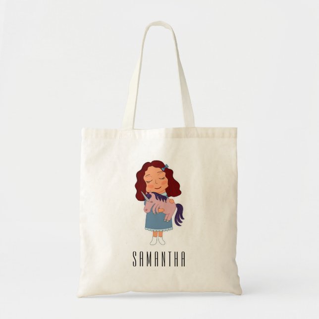 Cute Girl with Unicorn Personalized Name Kid's Tote Bag (Front)