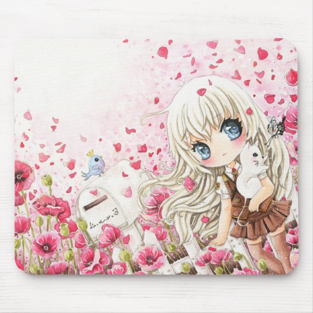 Cute girl with white cat on pink flowers field mouse pad (Front)