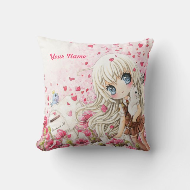 Cute girl with white cat on pink flowers field throw pillow (Front)