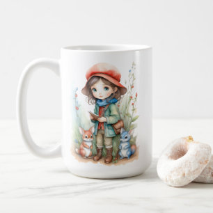 Cute Girl with Woodland Animal Friends Whimsical  Coffee Mug