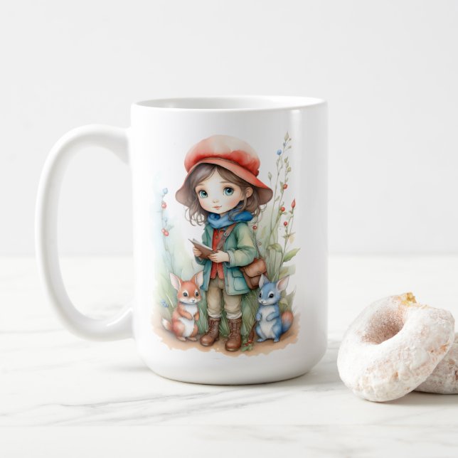 Cute Girl with Woodland Animal Friends Whimsical  Coffee Mug (With Donut)