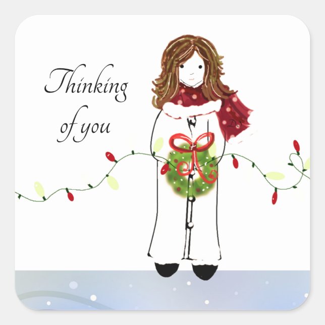 Cute Girl With Wreath and Lights Square Sticker (Front)