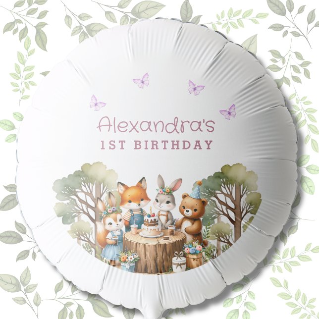 Cute Girl Woodland Animals 1st Birthday Party Balloon (Creator Uploaded)