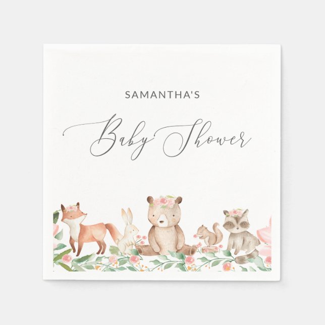 Cute Girl Woodland Animals Baby Shower Napkins (Front)