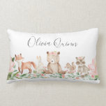 Cute Girl Woodland Animals Pink Baby Lumbar Pillow<br><div class="desc">Cute girl baby pillow featuring a watercolor painted scene with woodland animals wearing pink flowers in a forest.  This rustic baby pillow can be customized by adding baby's name to the front and birthdate to the back.</div>