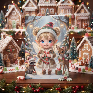Cute Girl Woodland Themed Coloring Page Christmas Card
