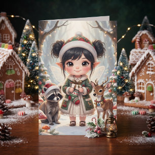 Cute Girl Woodland Themed Coloring Page Christmas Card