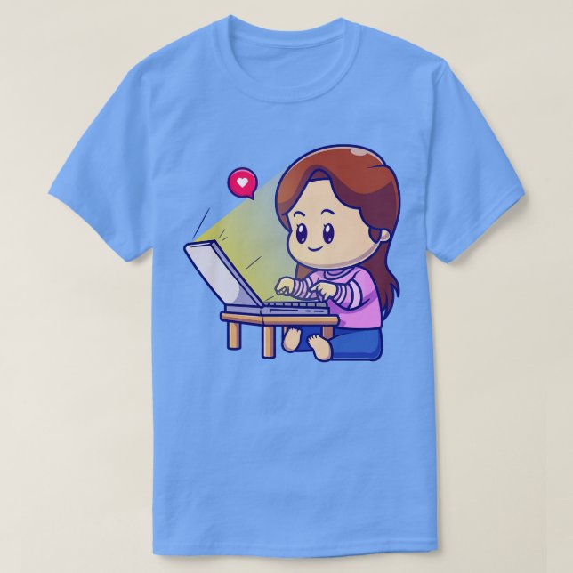 Cute Girl Working On Laptop Cartoon T-Shirt (Design Front)