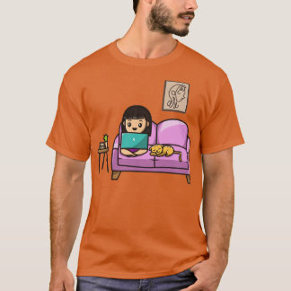 Cute Girl Working On Laptop With Cat Cartoon T-Shirt