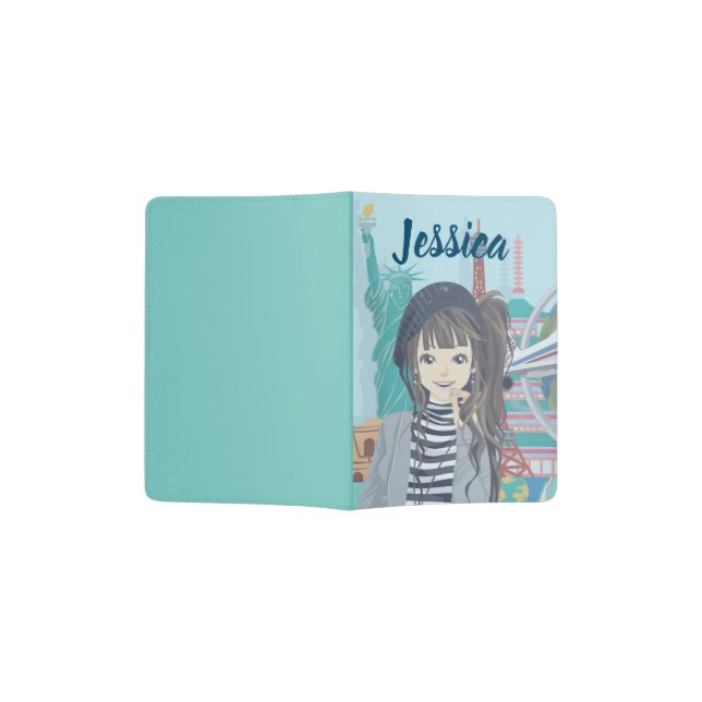 Cute Girl World Travel Illustrated Personalised Passport Holder (Opened)